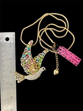 Betsey Johnson Colorful Rhinestone Dove Necklace Pendant & Gold Tone Brooch